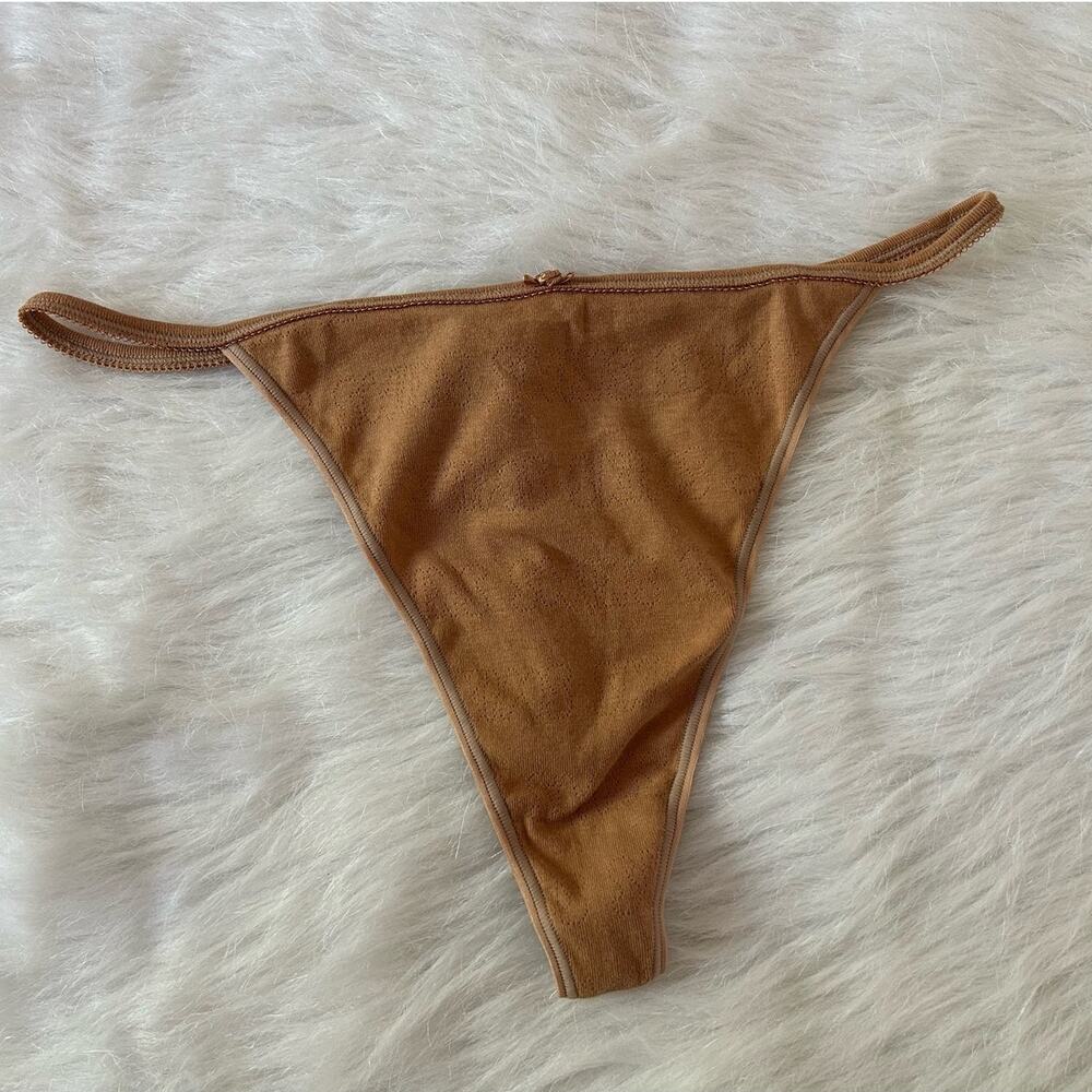 Skims Logo Pointelle Thong Ochre Brown High Cut Panty Plus Size 2X Feminine